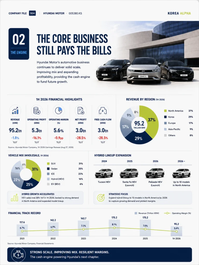 Hyundai Motor’s core automotive business showing first-half 2026 revenue, operating profit, margin, net profit and wholesale vehicle sales