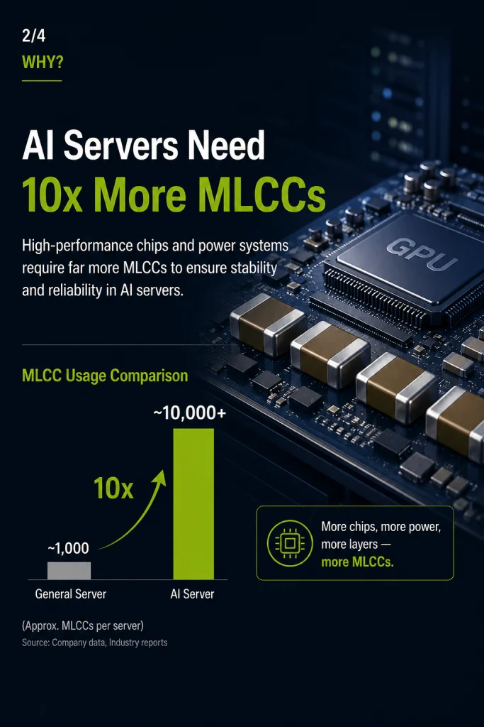 AI servers require significantly more MLCCs than conventional servers as computing power and power density increase