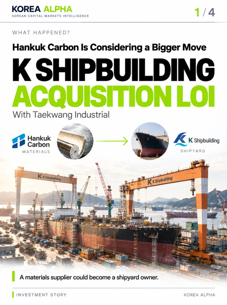Hankuk Carbon considers K Shipbuilding acquisition with Taekwang Industrial after submitting an acquisition LOI