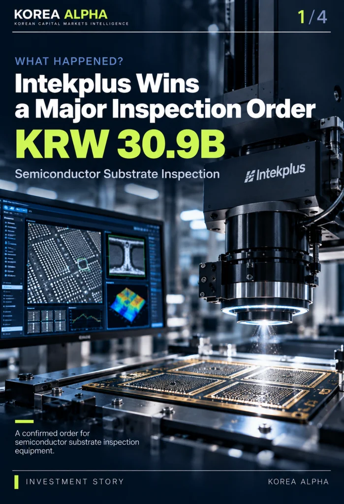 Intekplus semiconductor substrate inspection equipment examining a high-density chip substrate, highlighting its KRW 30.9 billion supply contract.