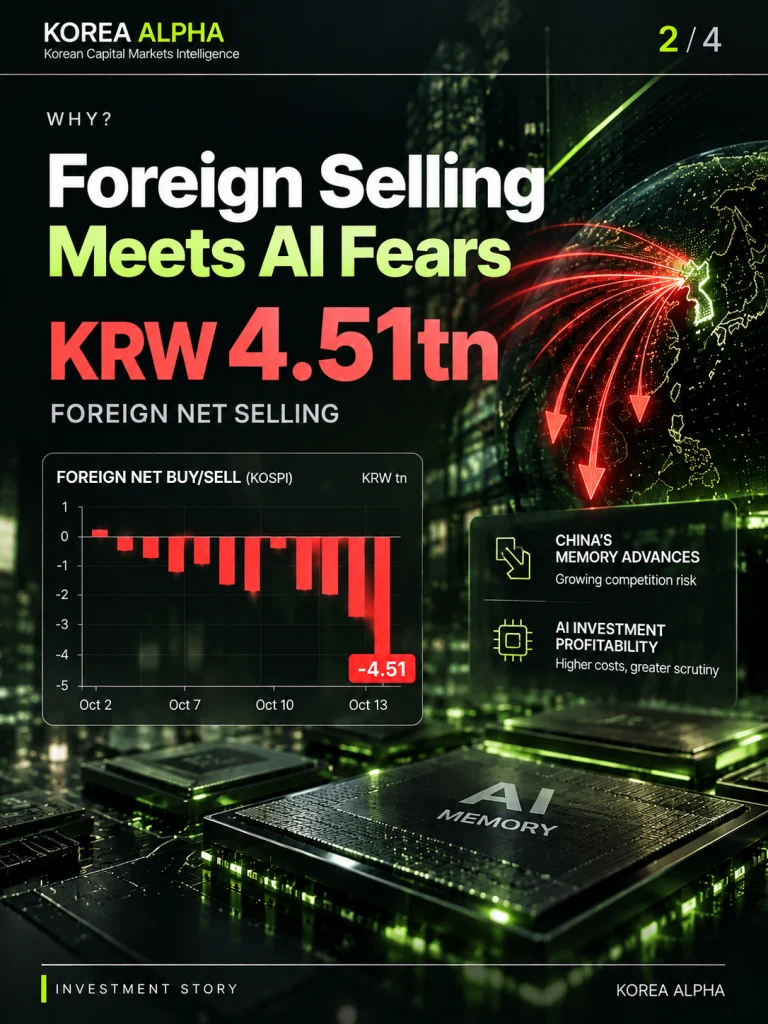 KRW 4.51 trillion in foreign net selling of KOSPI stocks, illustrated by capital outflows and AI semiconductor imagery.