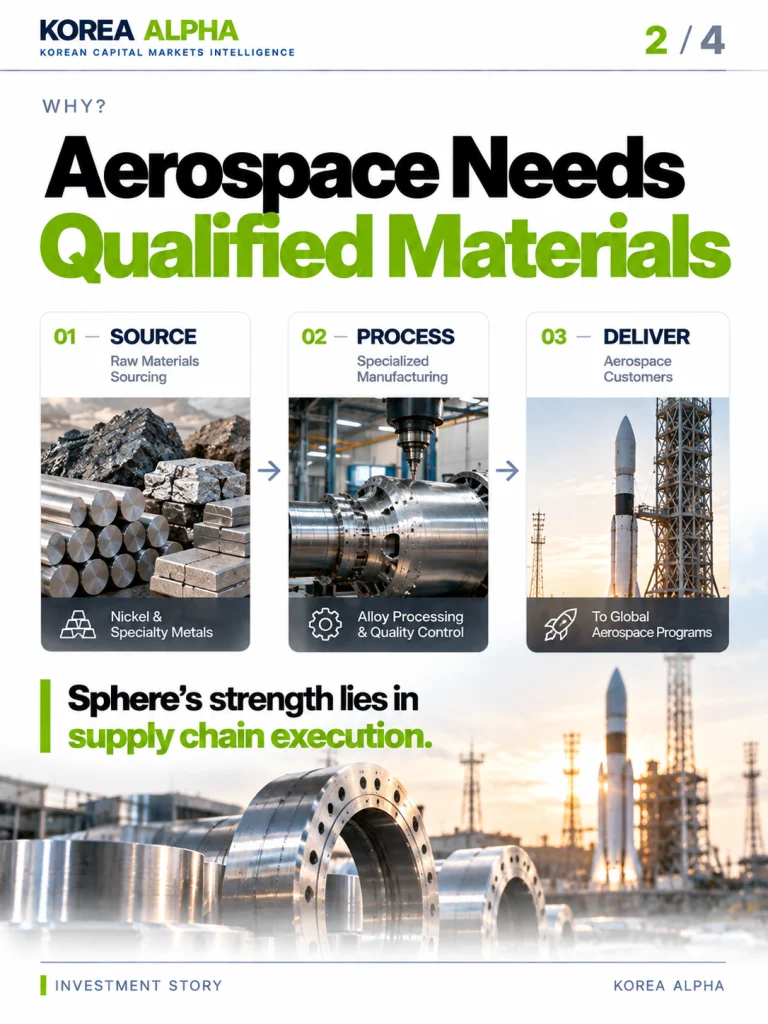 Three-stage aerospace materials supply chain diagram showing raw material sourcing, specialized alloy processing and delivery to aerospace customers.