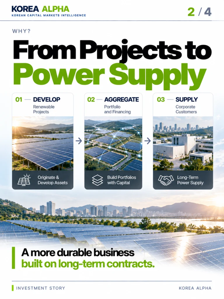 SK Eternix renewable energy business model infographic showing project development, distributed asset aggregation and corporate electricity supply.