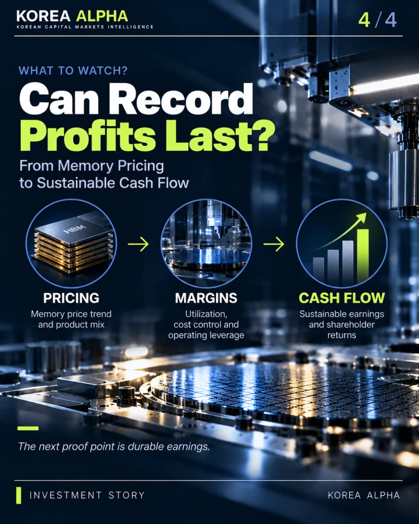 Samsung Electronics investment outlook showing memory pricing, operating margins and cash flow as three tests of earnings sustainability.