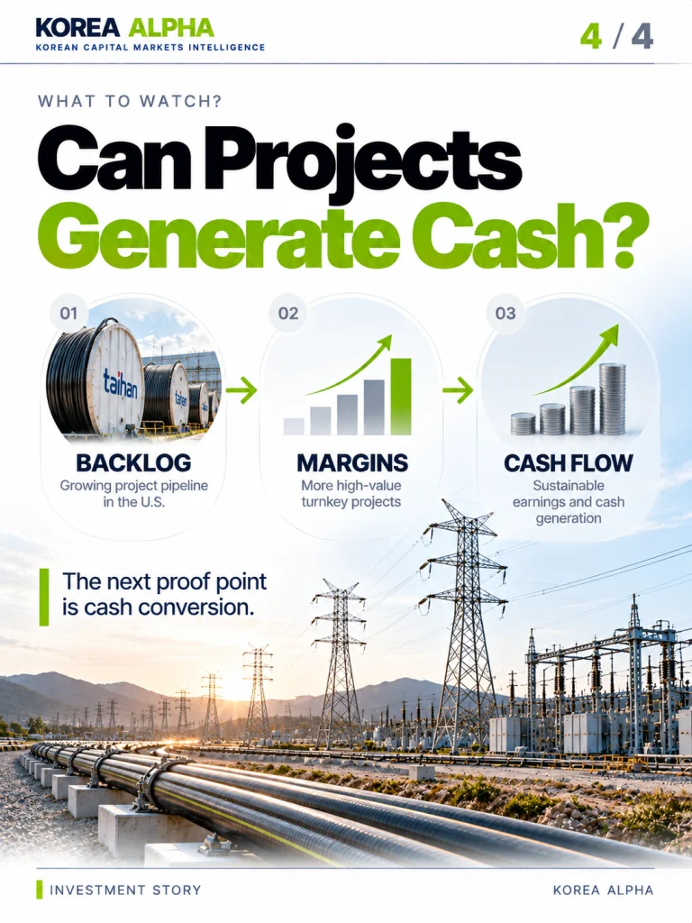 Taihan investment outlook infographic showing order backlog, operating margins and cash flow as key indicators of project profitability.