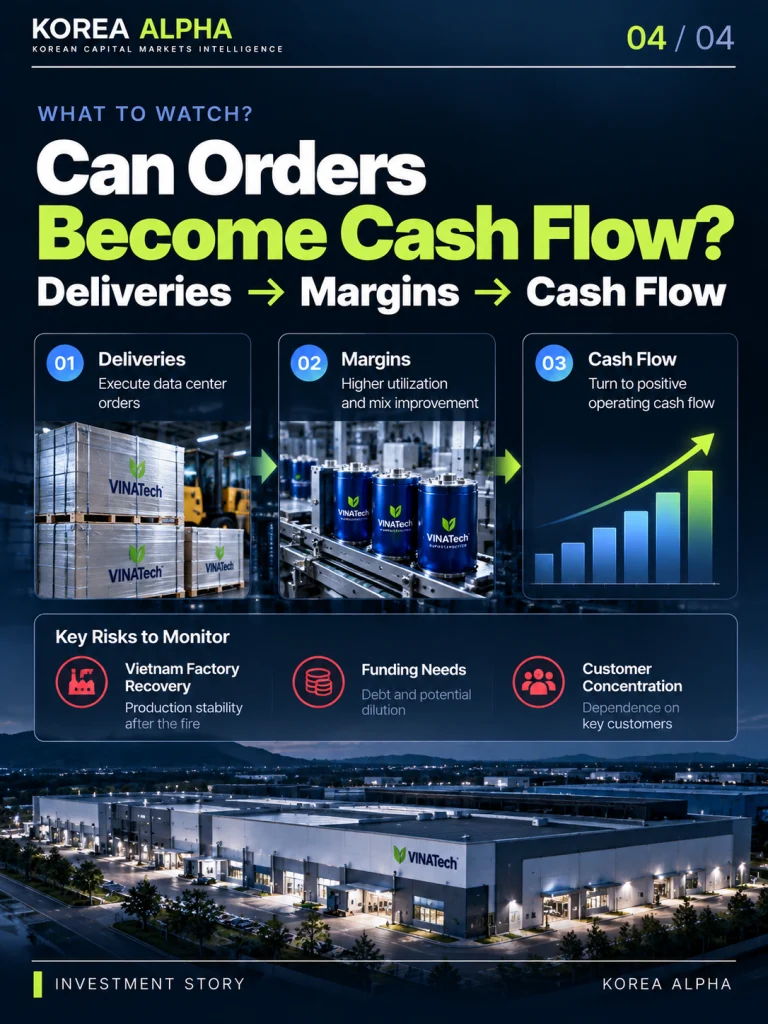 VINATech investment outlook infographic showing a three-stage roadmap from data-center order deliveries to improved manufacturing margins and positive operating cash flow.