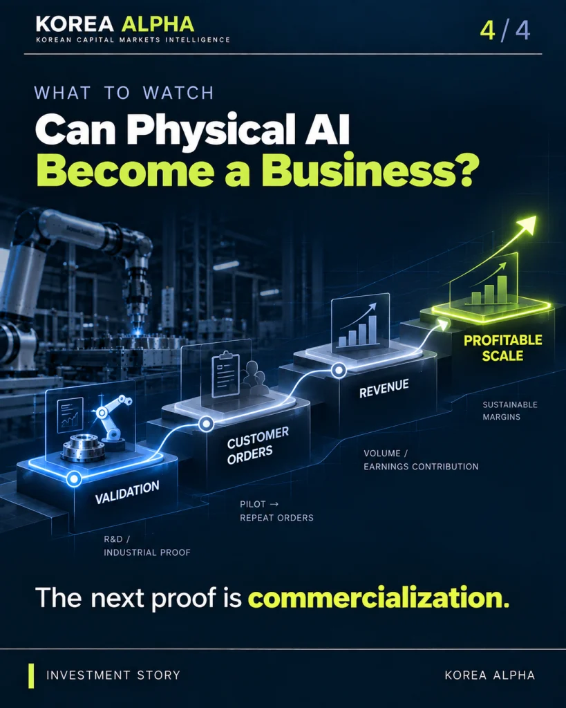 Doosan Robotics Physical AI commercialization path from industrial validation and customer orders to revenue and profitable scale.